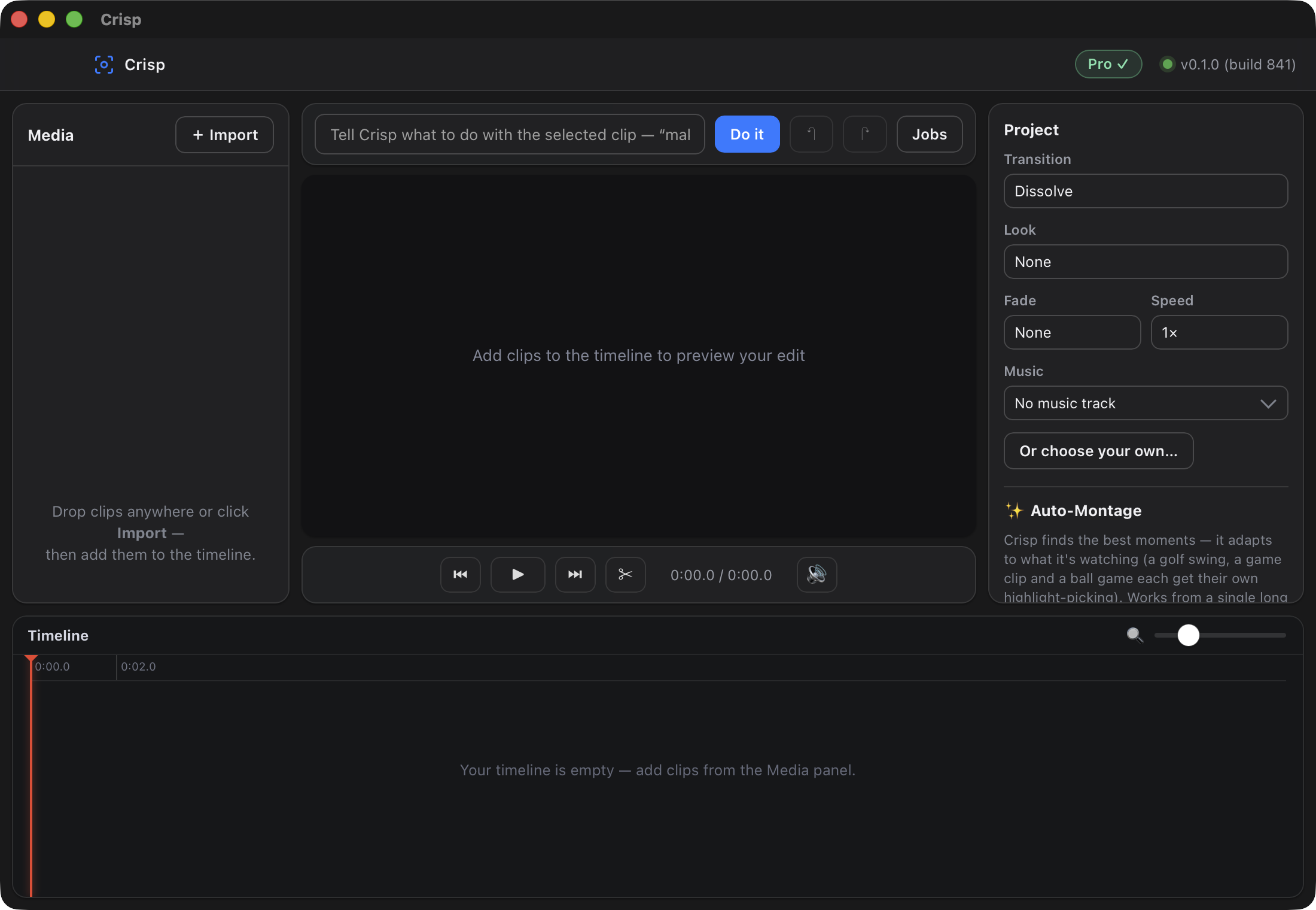 Crisp on macOS: media panel, preview, project settings and timeline.